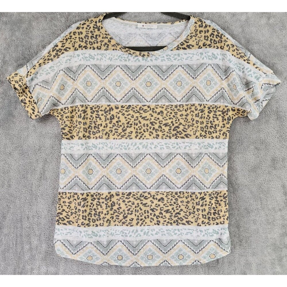 BomBom Shirt Womens Large Multicolor Aztec Leopard Print Momcore Short Sleeve